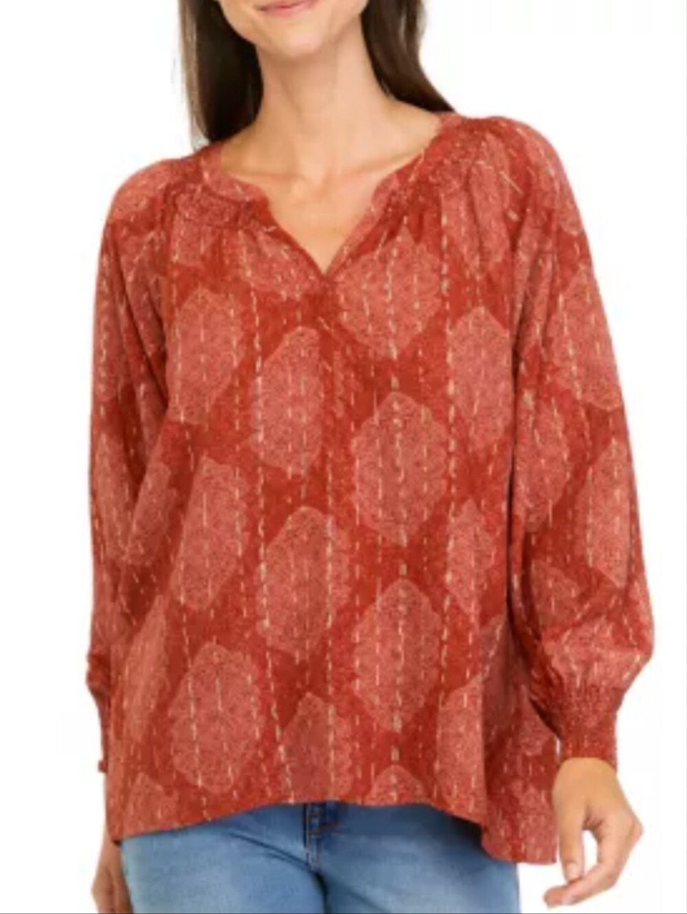 Wonderly Rust Orange Brown Patterned V-Neck Peasant Tunic Size Large